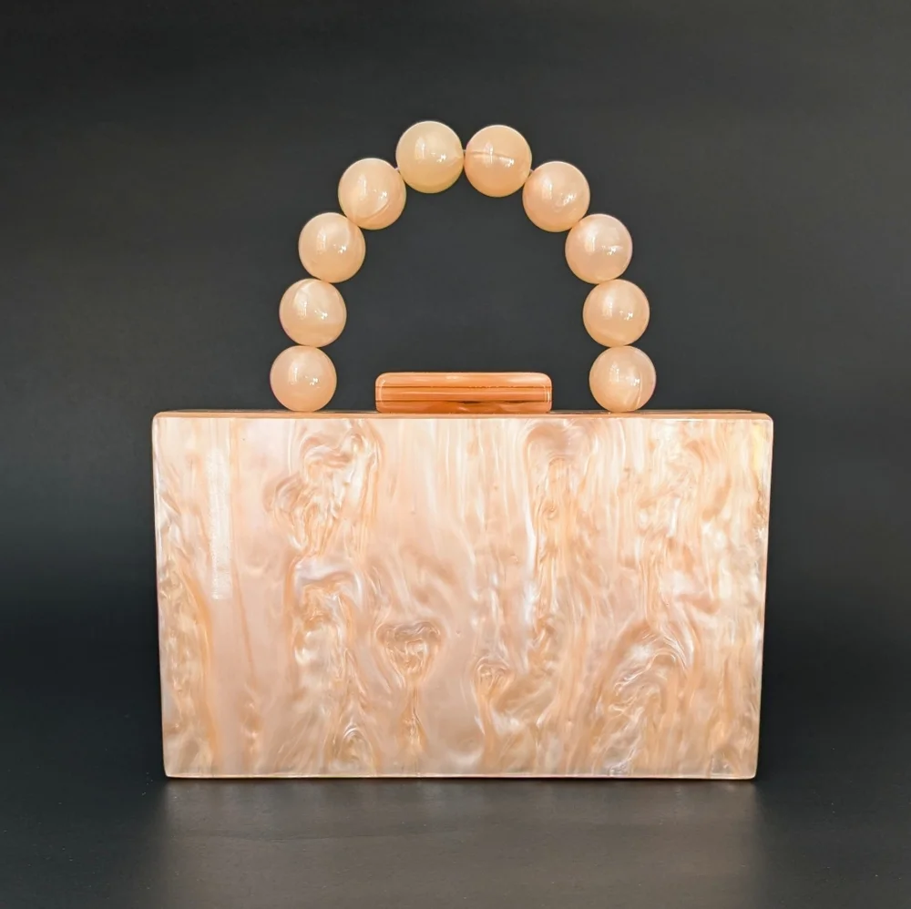 Orange Mother of Pearl Acrylic Box Clutch Purse Chunky Beaded Handle